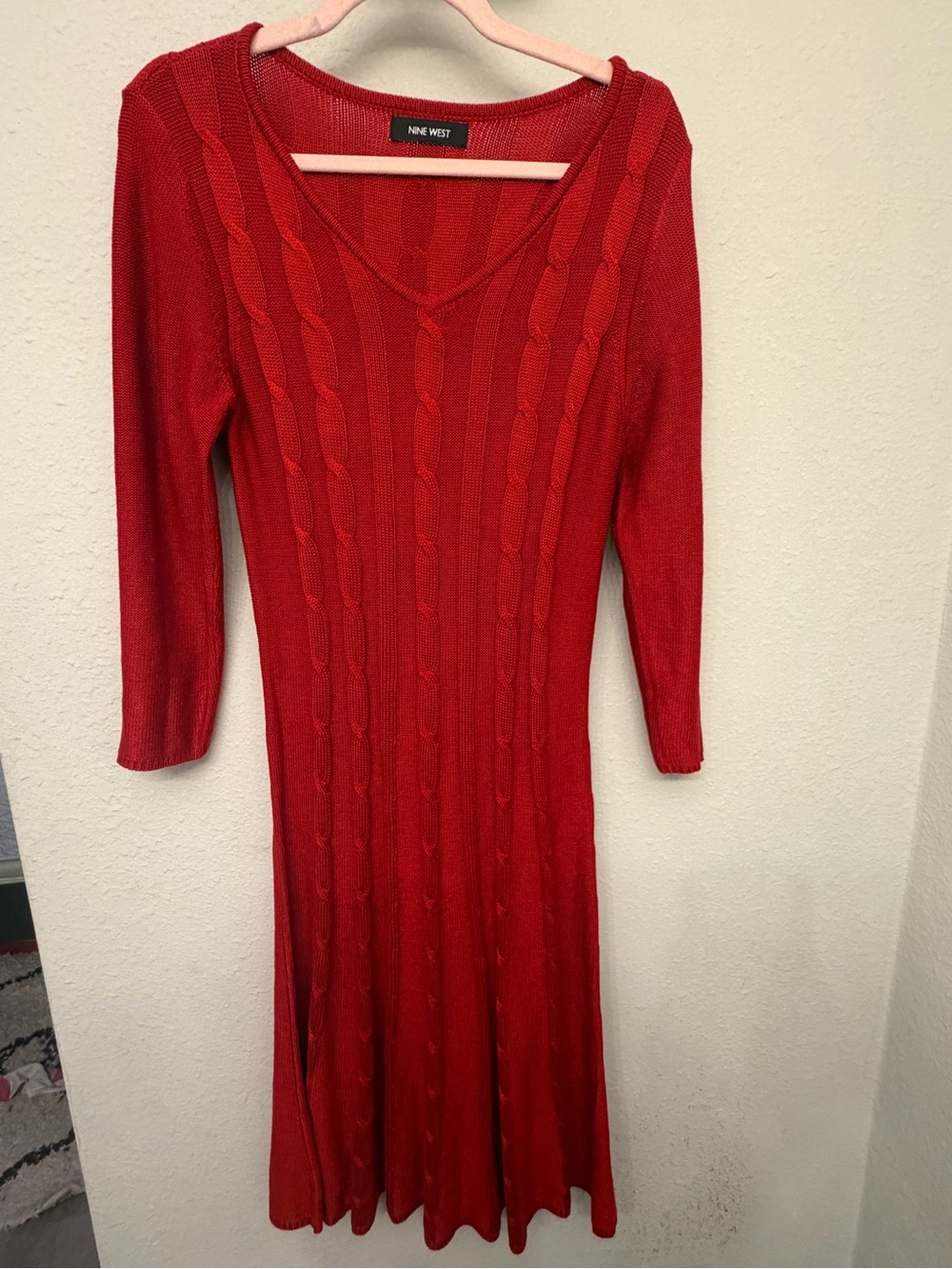 Nine West Red Cable-Knit V-Neck Long Sleeve Dress